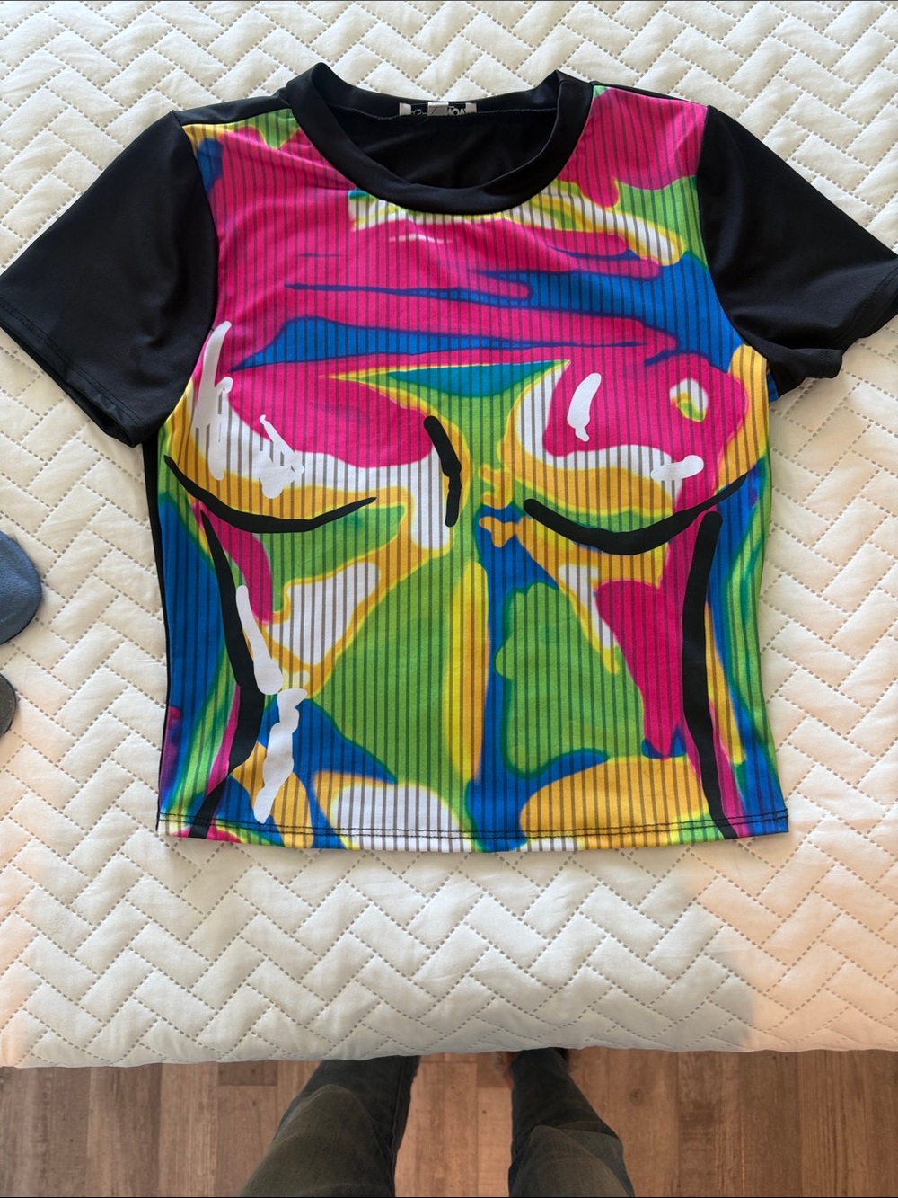 Fashion Nova Black Sleeve Abstract Multi-Color Graphic Tee